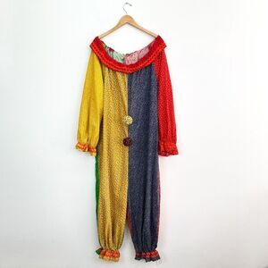 Handmade Unisex OS Color Block 70s Multi Mixed Dainty Floral 2 Pompom Clown Cost